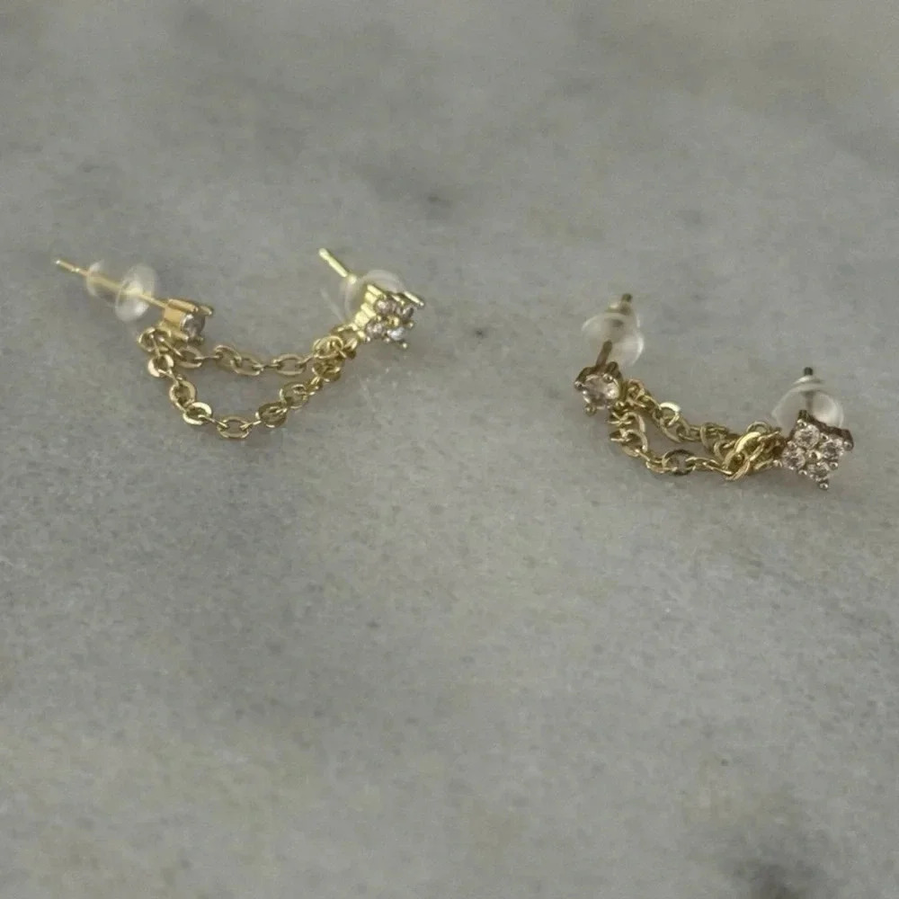 Gold Flower Crystal Double Chain Huggie Earrings 

Brand New - Picture 4 of 5